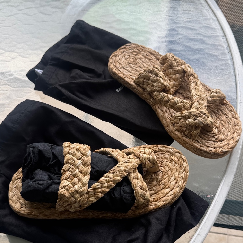 Saint Laurent Natural Raffia Braided Slide Sandals - Picture 5 of 8